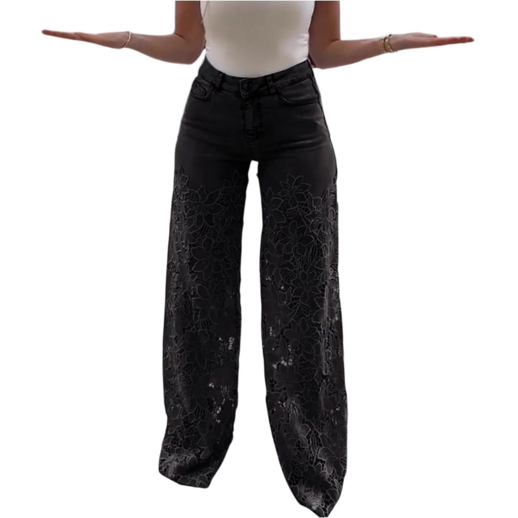 Women's Solid Color Casual Pants Versatile Slim Fit Lace Patchwork Denim Drape Pants