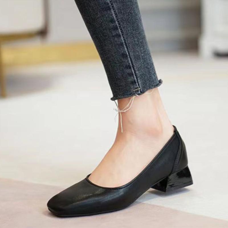 Fashion Ladies Summer Footwear Square Toe Shoes for Women 2025 with Medium Heels White Office Social Elegant Classy Fashion A Spring