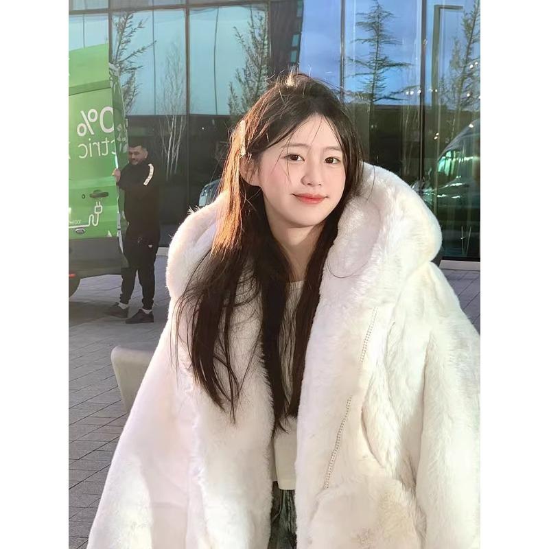 Rex rabbit wool lamb wool hooded coat women's medium and long autumn and winter new loose thickened plush coat