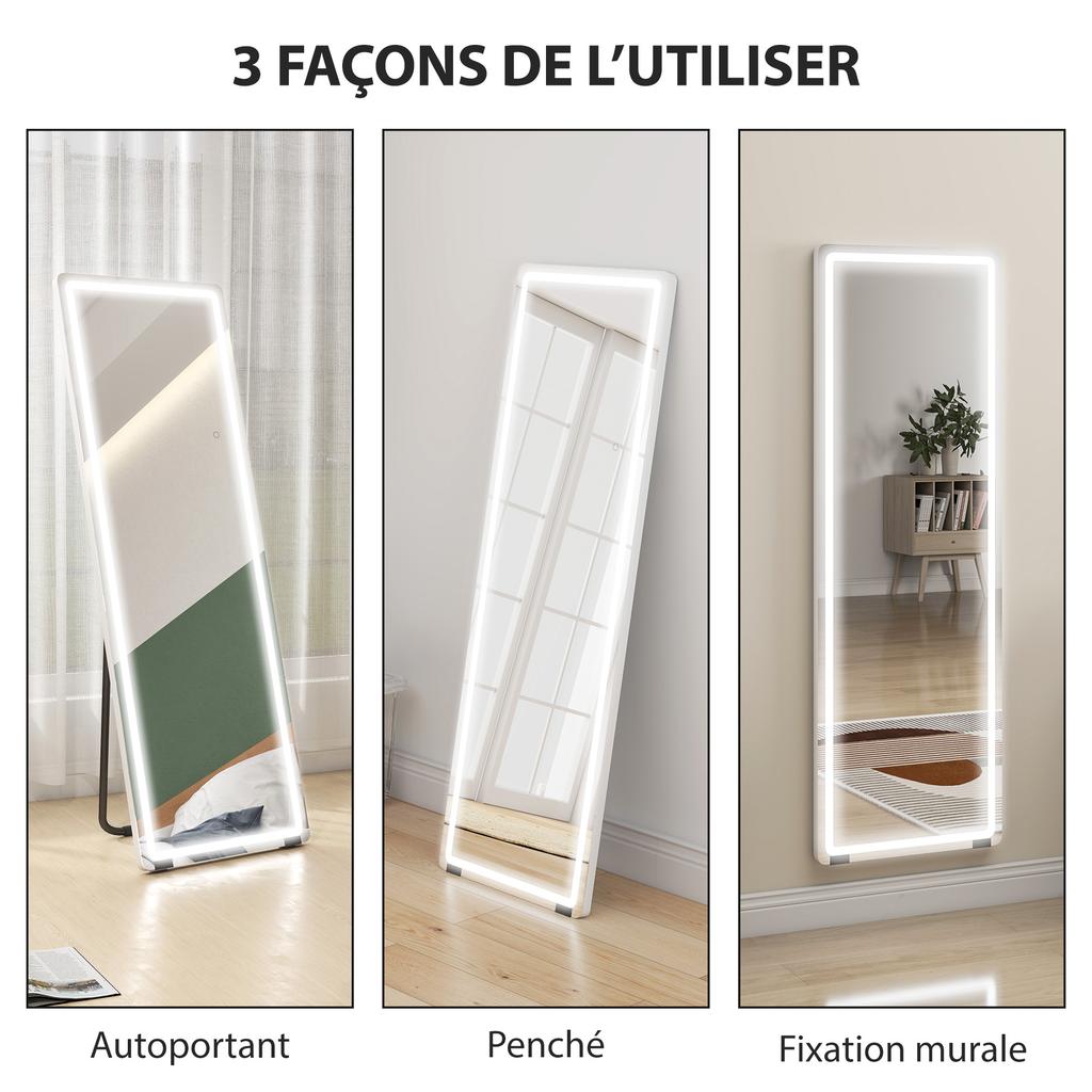 Freestanding LED Mirror, 150 x 50 cm, 3 Colors, Dimmable, Memory, 4 mm Tempered Glass, Clear