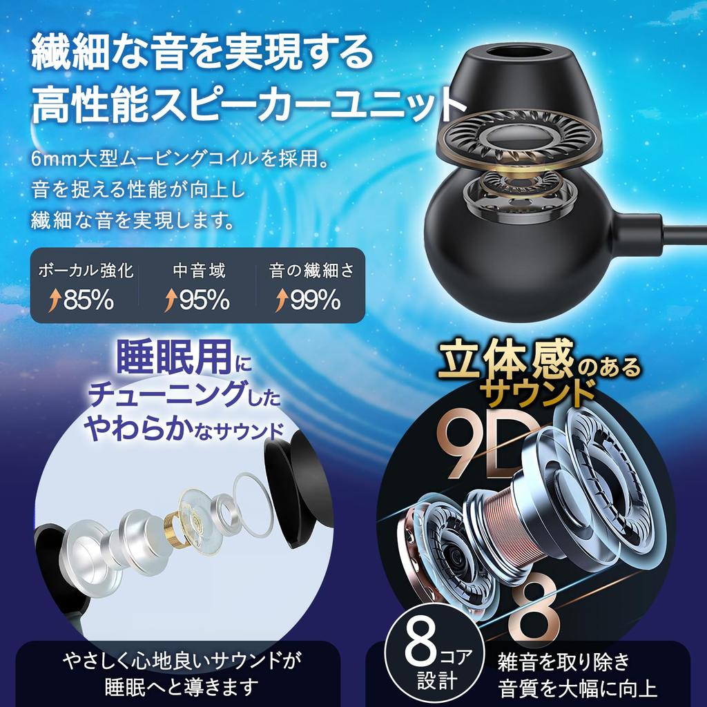 Moonlit Night Earphones, Soft Sound Quality, ASMR, Sleep Headphones, No Ear Pain While Sleeping, Wired (Black)