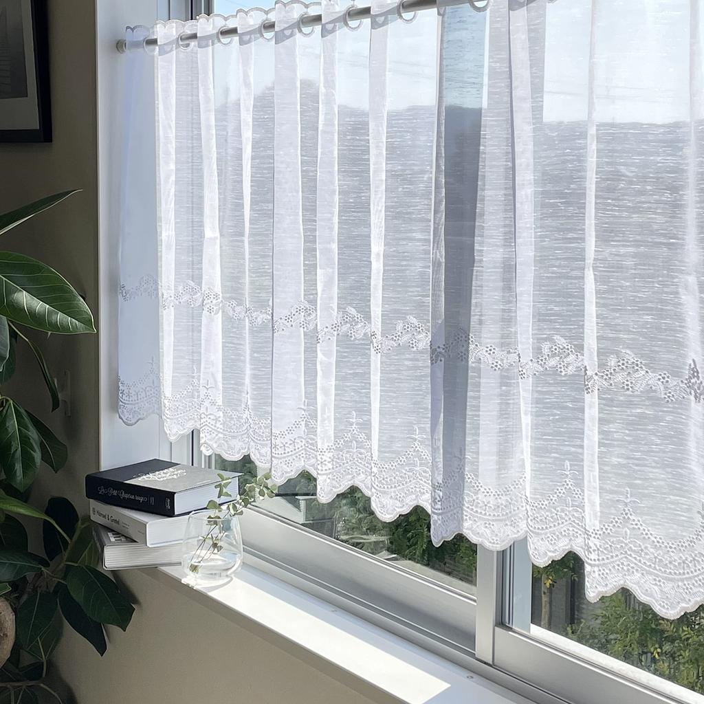 INTERIX Verbena White Cafe Curtain for Small Embroidered 165cm Wide x 45cm Made in Windows, Lace, Long, Japan, CF1-165-45