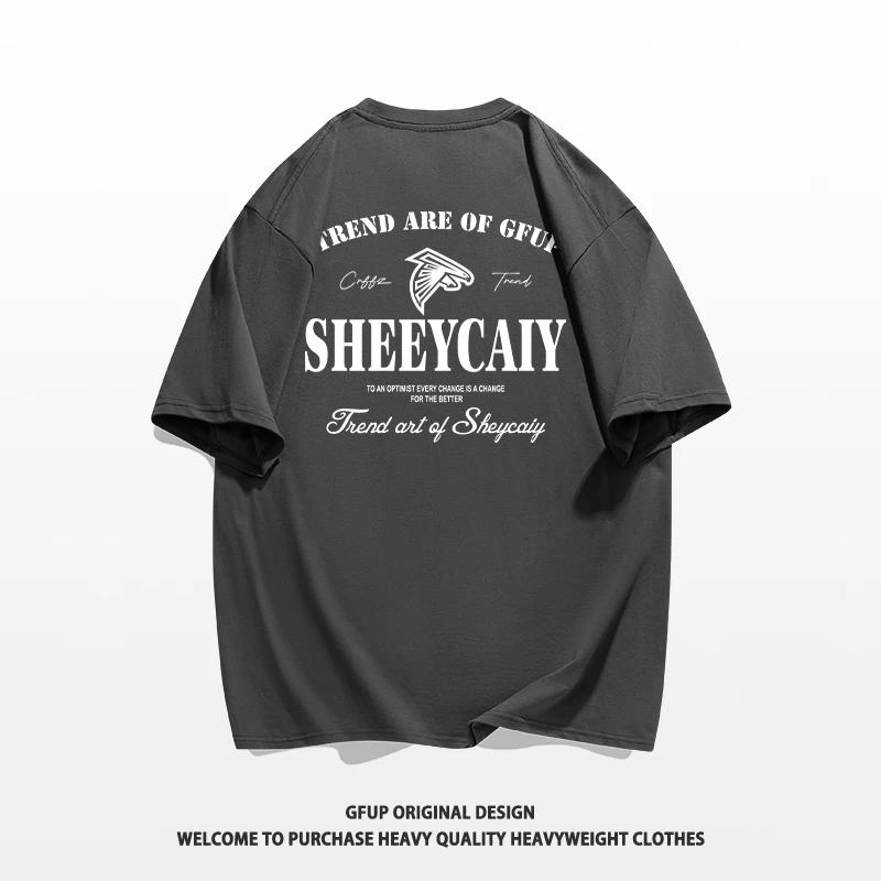 Camiseta de calle deportiva informal de alta calidad con estampado de algodón 100% con letras en inglés para hombre de peso pesado a la moda de verano