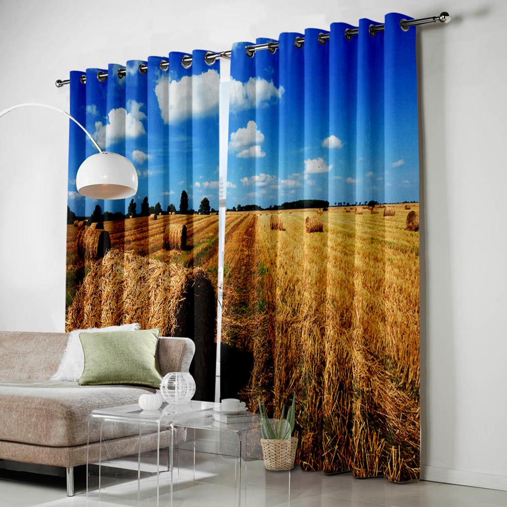 Bauernhof Herbst Blauer Himmel Weiße Wolken Bäume Landhaus Fenster Vorhänge Landschaftliche Vorhänge für Wohnzimmer Dekorative Gegenstände Wohnzimmer