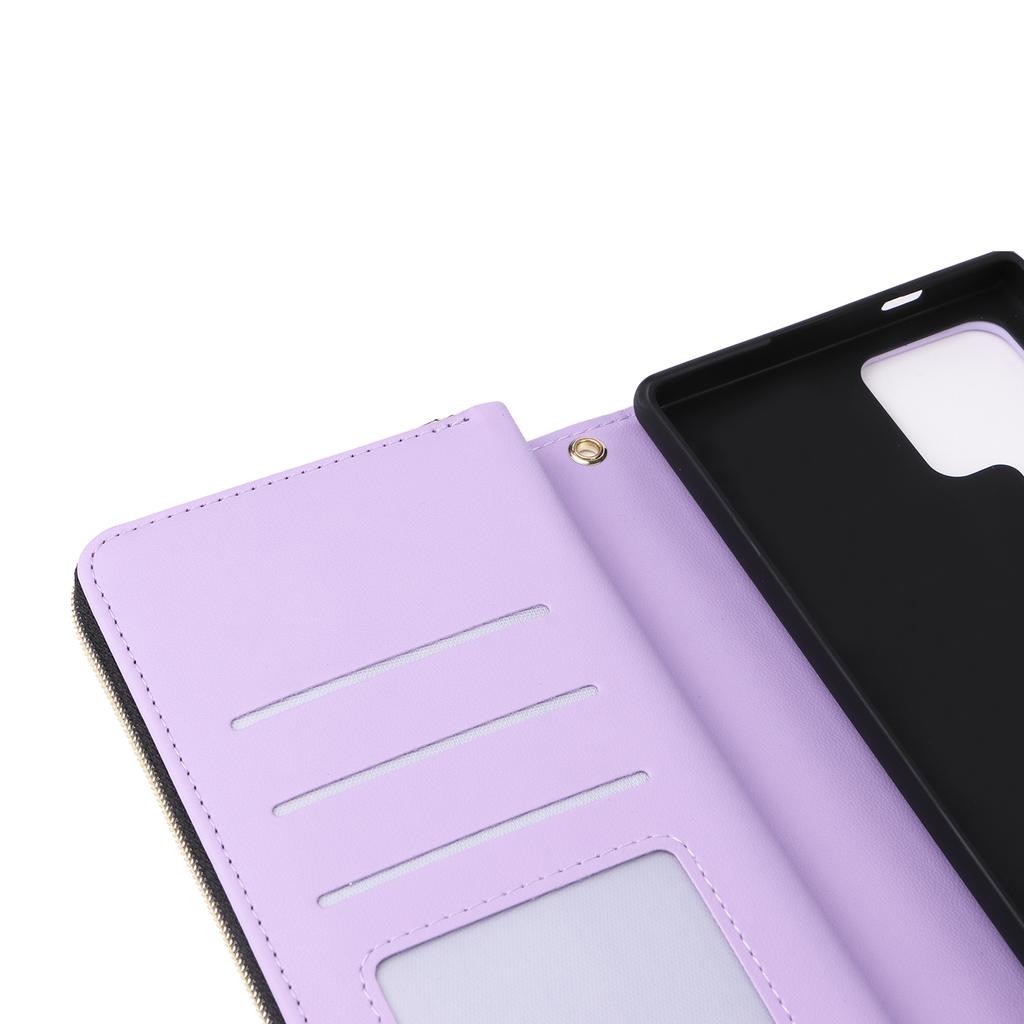 R20 For Samsung Galaxy S22 Ultra 5G Leather Case Zipper Pocket Stand Phone Cover