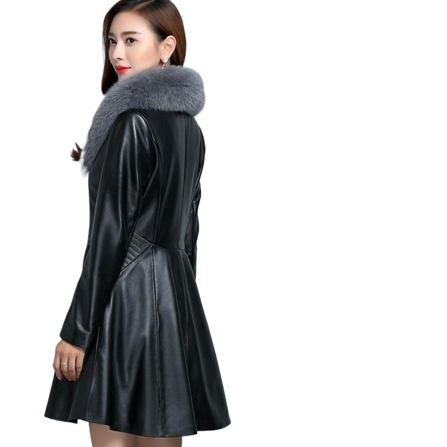 Haining Leather Jacket Women's Medium and Long Imitation Fox Fur Collar Leather Jacket with Cotton Imitation Fur Jacket