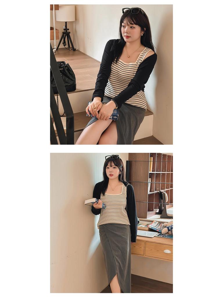 Wide-Strap Plus Size Square Neck Striped Knit Camisole