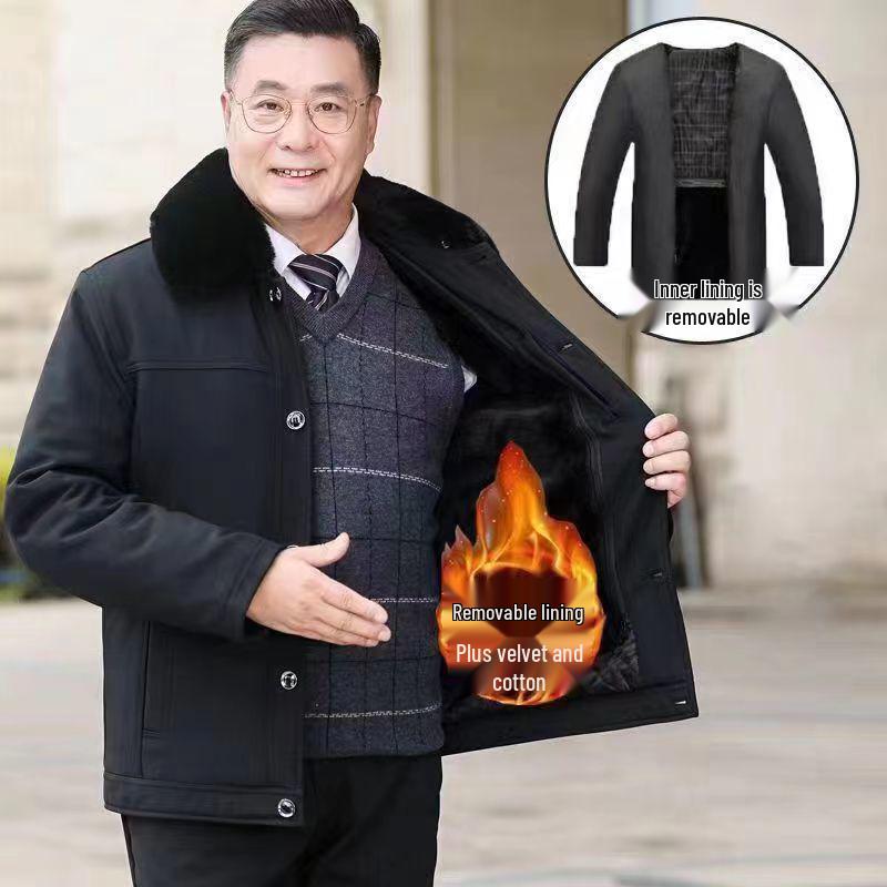 Men's Winter Coat for Seniors - Thickened Cotton Padded Jacket with Buttons for Ages 70-80