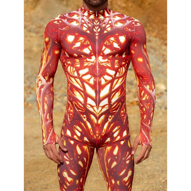 Unisex Ateş Büyücüsü Cosplay Tulum Cadılar Bayramı Arzuyla Yanma Baskılı Çift Zentai Takımı Tatil Partisi Morphsuit Rave Takımları