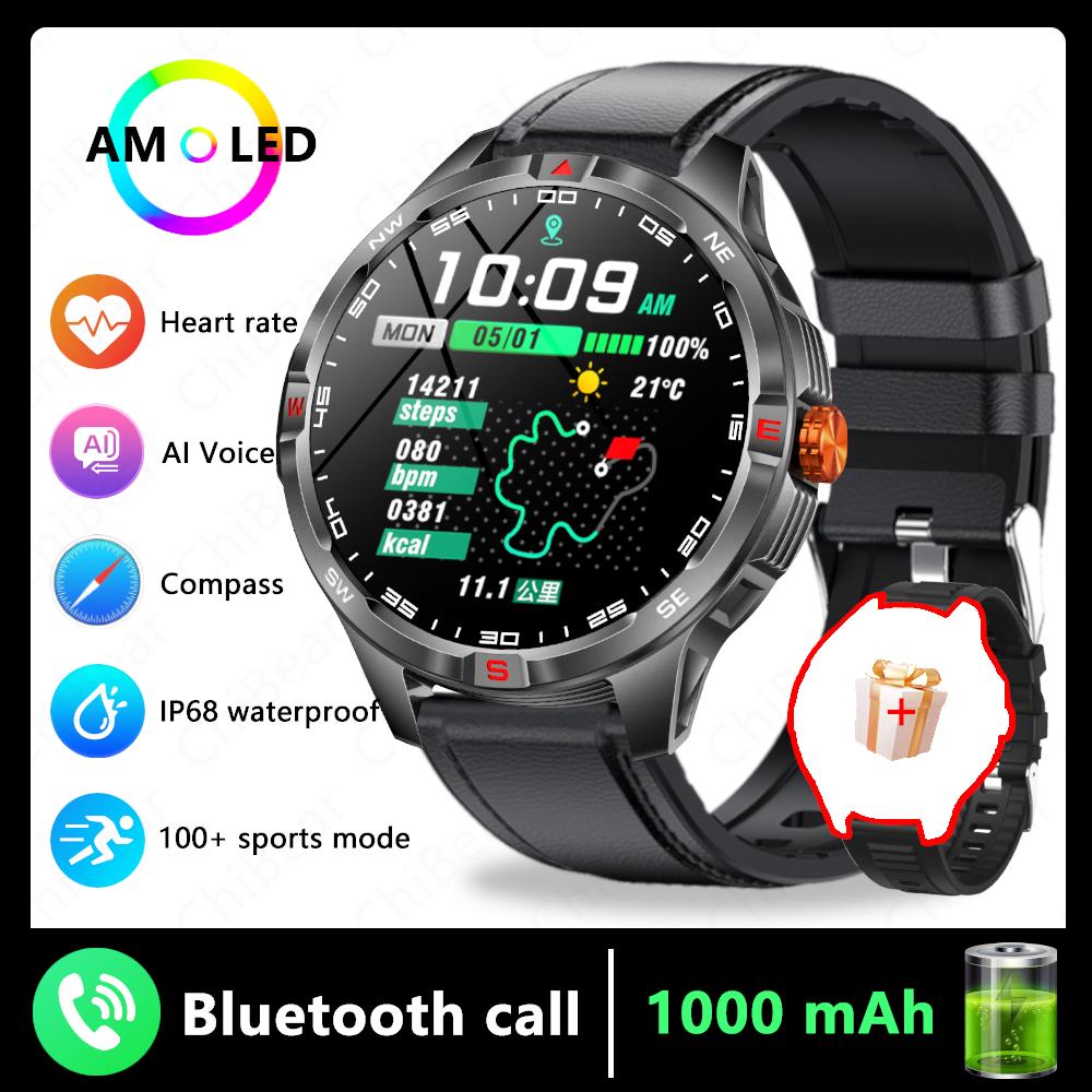 Sports Smart Watch Men Compass 1000mAh Large Battery Bluetooth Call 1.46 Inch Health Monitoring Waterproof Smartwatch  New