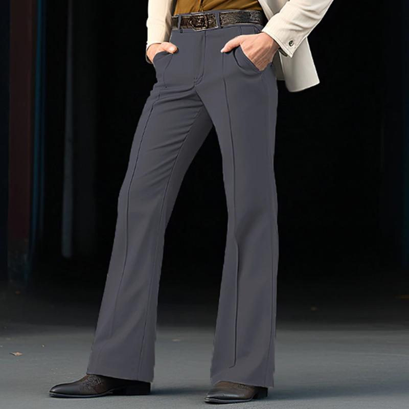 Vintage Men's Bell-Bottom Solid Color Flared Trousers Spring Autumn Casual Pleated Suit Pants Men Stylish Slim Elastic Trousers