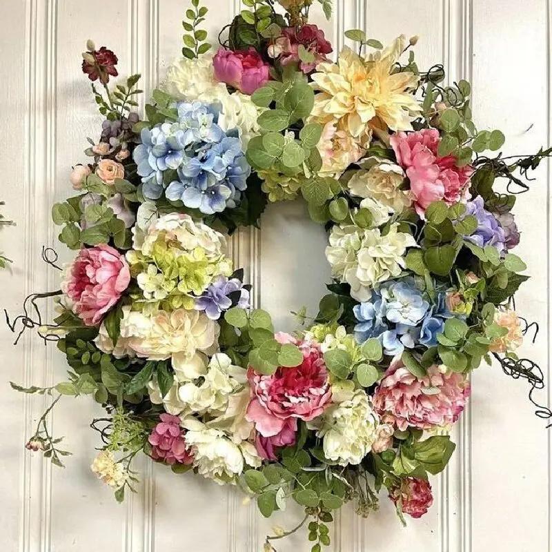 New Spring Summer Simulated Hydrangea Wreath Front Door Garland Colorful Simulated Peony Wreath Front Door Wall Hanging Decorati