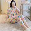 1011 New Cotton and Silk Pajamas Women's Summer Thin Cartoon Printed Cardigan Short-sleeved Trousers Set Loungewear