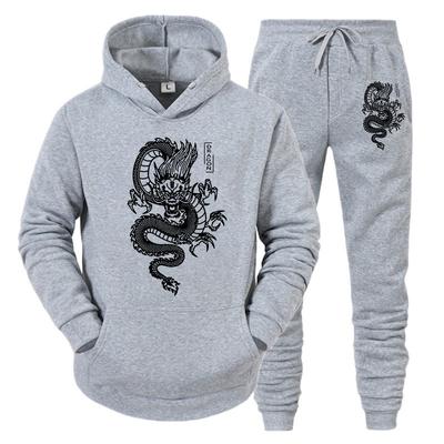 Set di tute da uomo con stampa drago Set felpa con cappuccio casual + pantaloni Set da 2 pezzi Felpa moda primavera inverno Pullover oversize Abbigliamento uomo