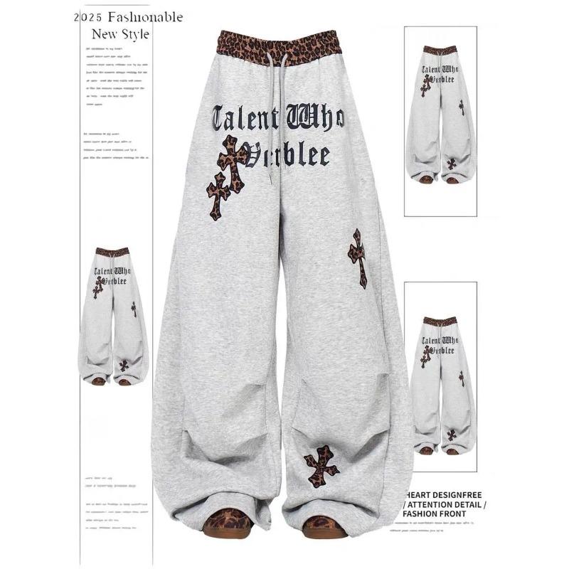 

American Retro Leopard Print Stitching Pleated Scimitar Sweatpants for Women Spring and Autumn New Design Letter Loose Wide Leg Pants L сірий