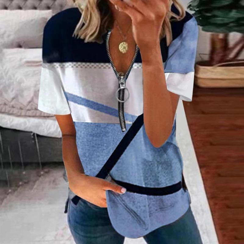 Summer Striped Printed Plus Size T Shirt Women Vintage Short Sleeve Zipper V-neck Casual T-shirt Woman Loose Office Lady Basic Tee Tops 25118