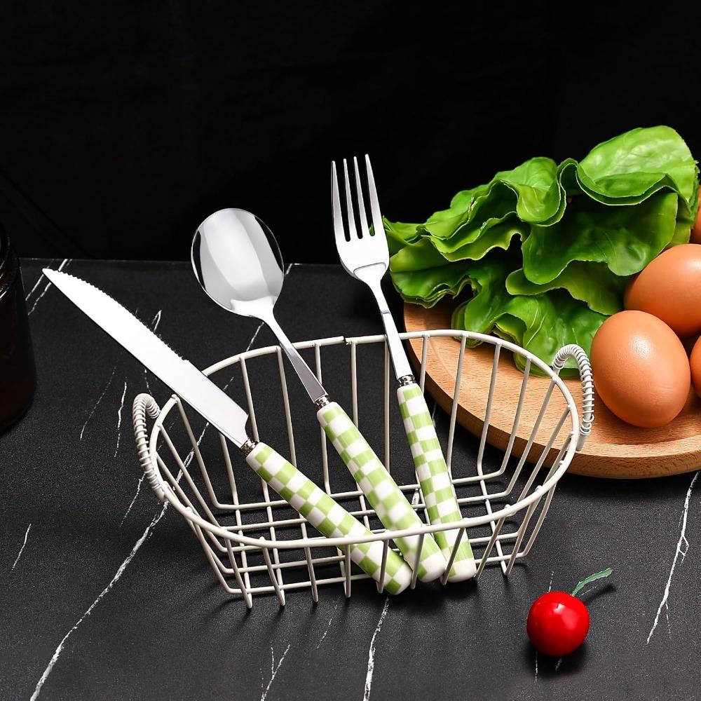 3-Piece Cutlery Set, Stainless Steel Flatware Sets with Checkerboard Pattern Ceramic Handle Utensils Including Knife Fork Spoon verde