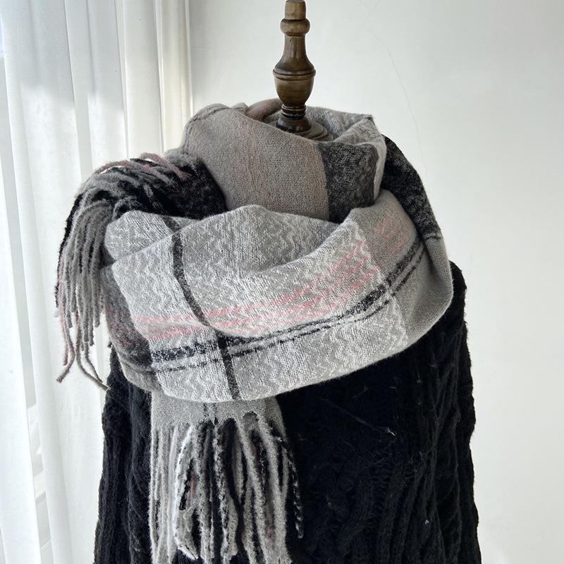 Women's High-End Plaid Tassel Shawl - Imitation Cashmere, Thickened & Warm for Autumn/Winter