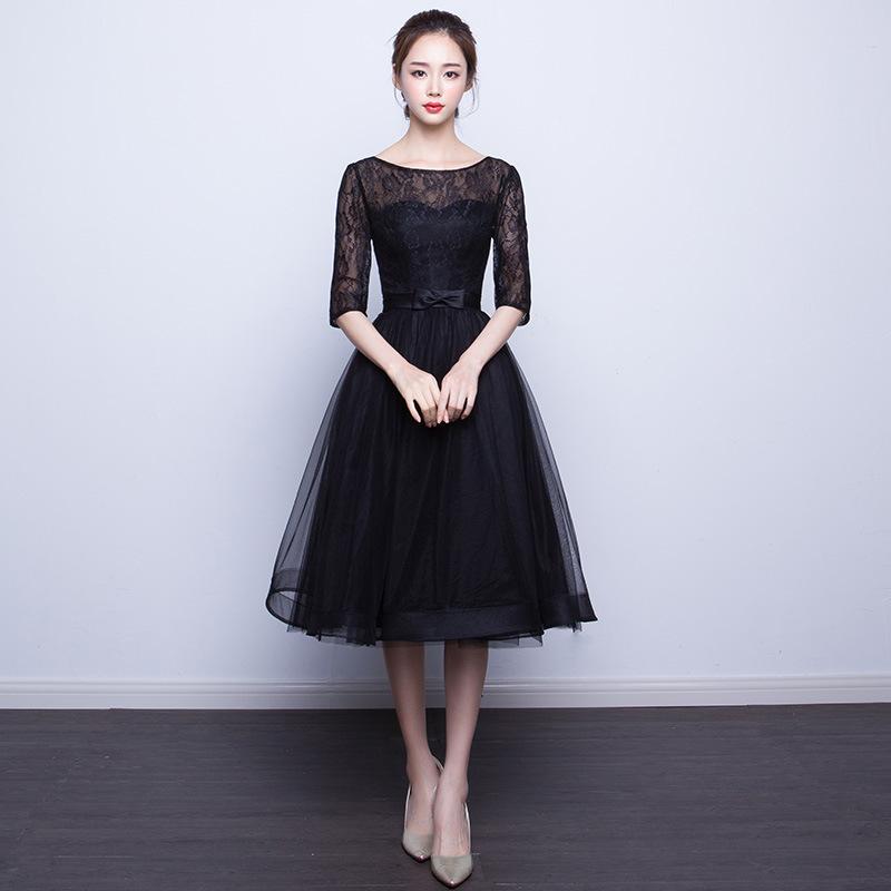 

Evening dress new medium-sleeved medium and long black dress host dress slim and thin XXL чорний