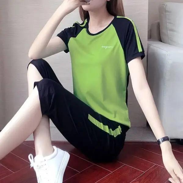 Women's Summer Casual Sports Suit Slim Round Neck Short-sleeved Top + Seven Pants Two-piece Set