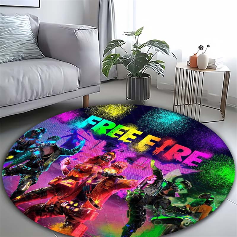Free Fire Game Character Neon Graffiti Print Round Area Rug Non‑Slip Circular Floor Mat Gamer Home Decor for Living Bedroom Gaming Room