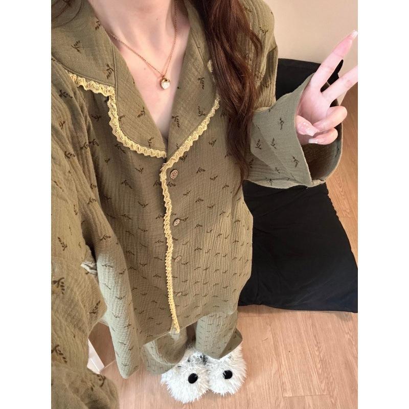 

Sweet girl floral cardigan pajamas women s spring and autumn new long-sleeved trousers cardigan loungewear set spot M