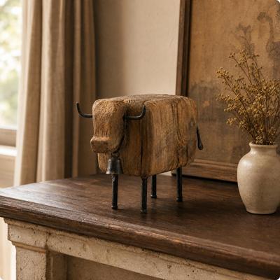Vintage Folk-Art Bull Figurine Tabletop Cow Statue Sturdy for Entryway Accent