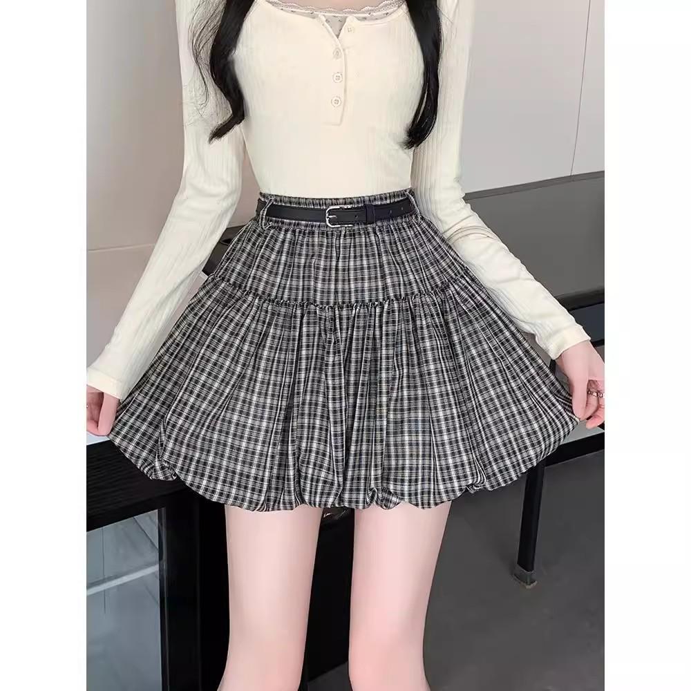 

Plus Size Tartan Bouffant Skirt Autumn Academic Style Sweet Youthful Sexy Casual Design forward Slimming All Match Versatile A Line Skirt for Women XS