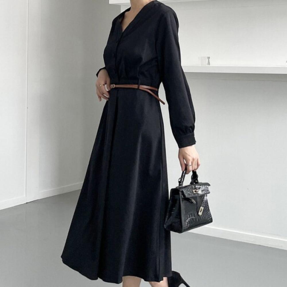 Shop Women V Neck Button Pintuck Simple Long Dress With Belt Black Cat Wdr 120