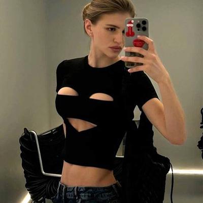 European and American Women's T-shirt Short-sleeved Ripped Sexy Round Neck Slim-fit Top Bottoming Shirt Women's Wholesale Slim-fit