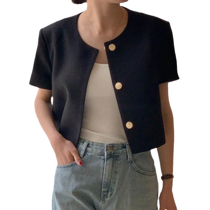 Korean Chic Puff Sleeve Short Jacket for Women - Loose, Versatile, Summer Style with Round Neck & Single-Breasted Design