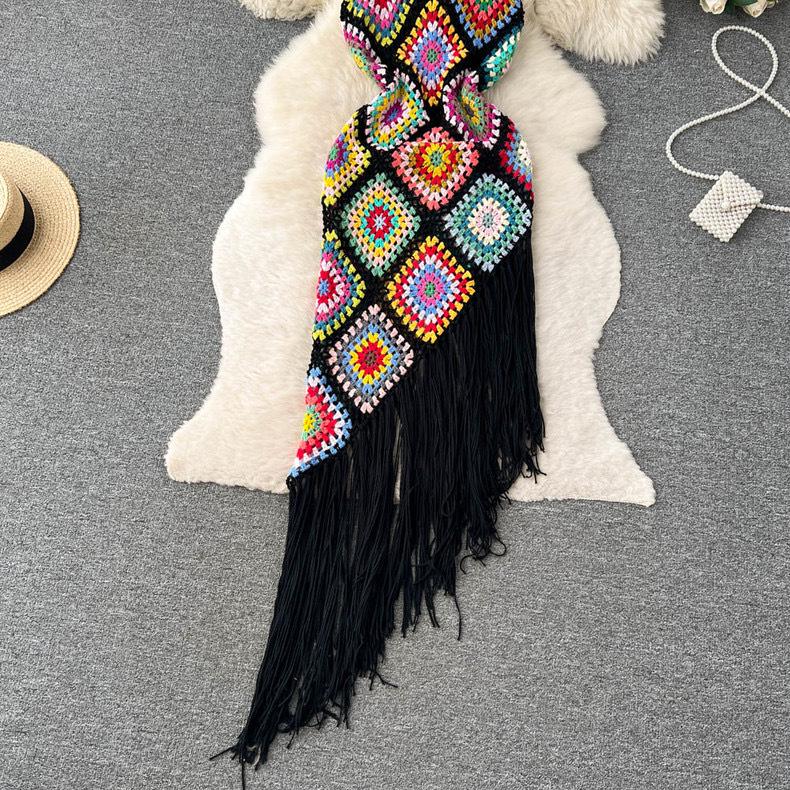 Böhmisches Ethno Häkelkleid mit Quasten und Spaghettiträgern für Damen