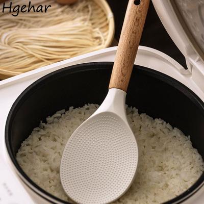 High Temperature Resistance Silicone Rice Scoop Anti-scald Wood Handle Spoons Kitchen Tools Non-stick  Easy To Clean Spoon