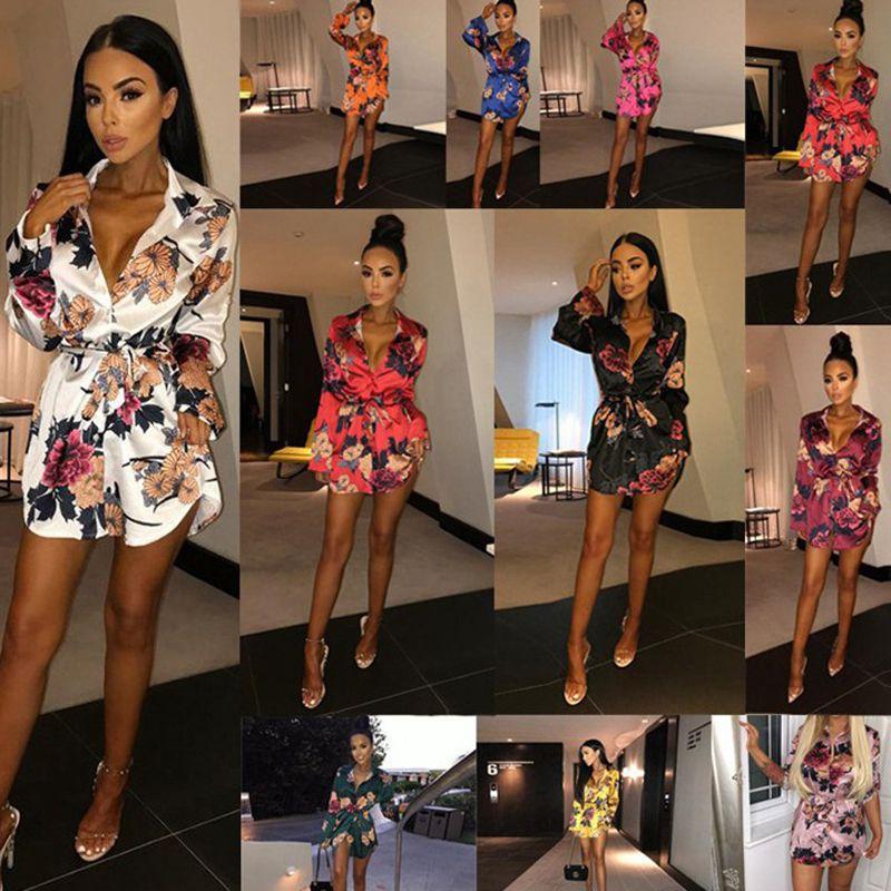 Elegant Women's Fashion Satin Floral Print Shirt Mini Dress Perfect For Casual Occasions