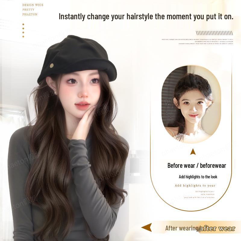 Women's Cloud Octagonal Wig Hat - Natural Full Coverage with Big Waves for Autumn and Winter Fashion