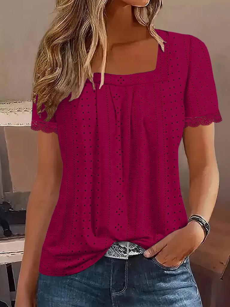 2025 Summer European & American Square Neck Eyelet Jacquard Short Sleeve Women's Top
