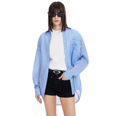 Jinyujie Women's Spring/Summer Sheer Printed Striped Long-Sleeve Shirt S242SH229Y