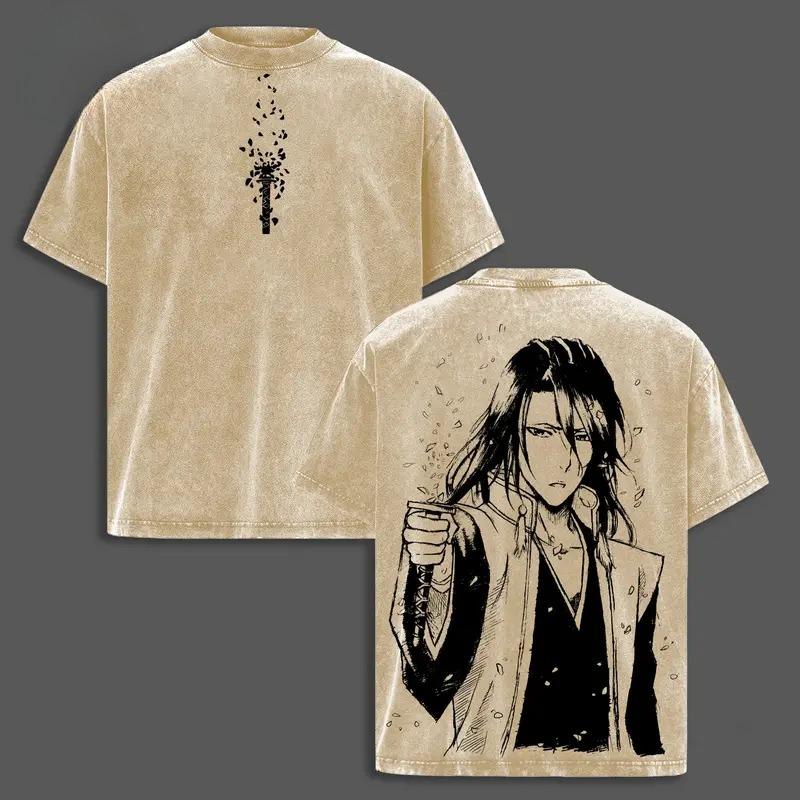 Kuchiki Byakuya Senbonzakura Print T-shirt Anime BLEACH Clothing Men Women Tshirts Retro Washed T Shirt Harajuku Male Cotton Top