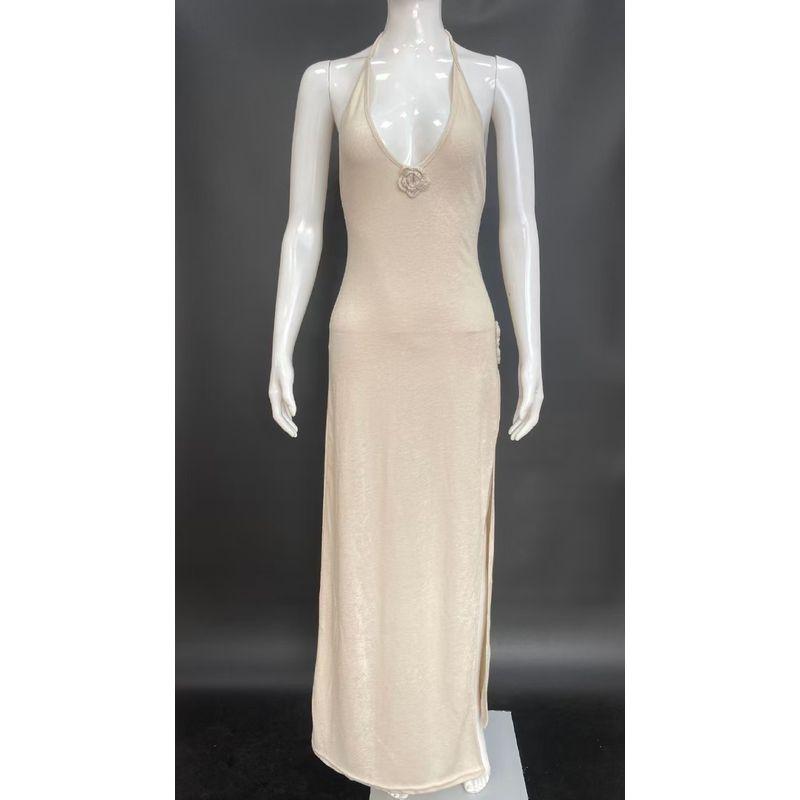 

European and American Sexy Backless Split Sling Knitted Beach dress Sexy V-neck Seamless Dress Apricot color S