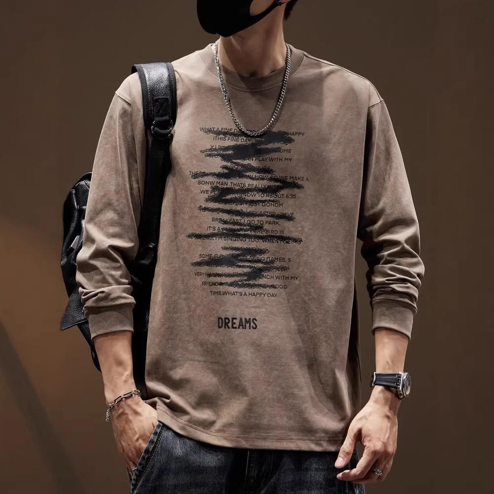 Men's Heavyweight Retro Washed Long-Sleeve T-Shirt - Autumn Edition, Loose Fit, Round Neck, Trendy American Print