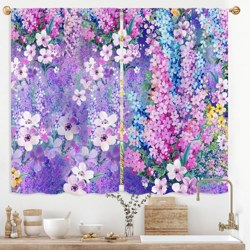 Purple Floral Butterfly Lilac Window Curtains Spring Flower Summer Girls Nature Garden Plant Drapes Treatment Curtain Polyester With Rod Pocket