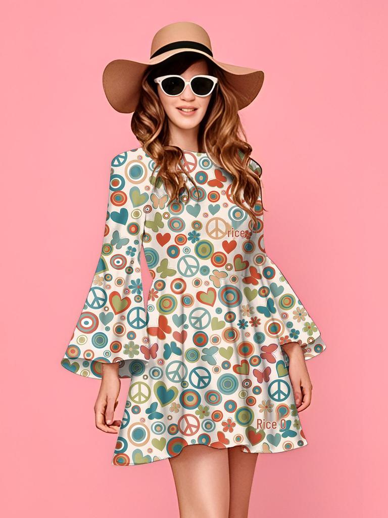 Retro 1970s Hippie Disco Print Women's Dress