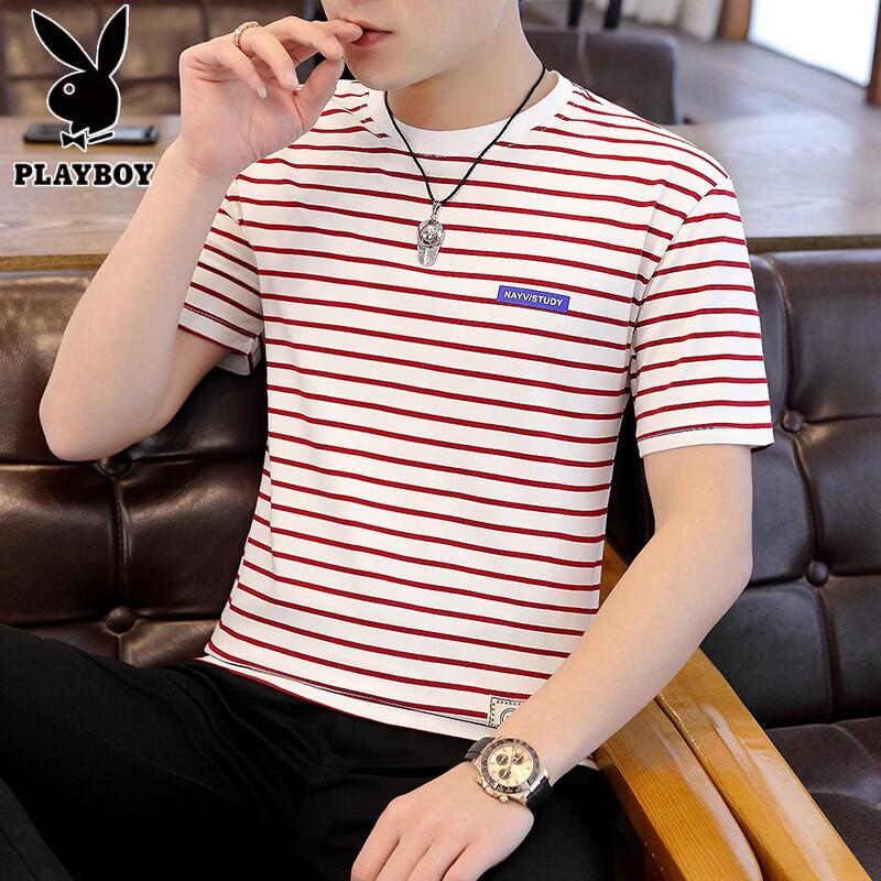 PLAYBOY Men s Ice Silk Striped Short Sleeve T-Shirt L
