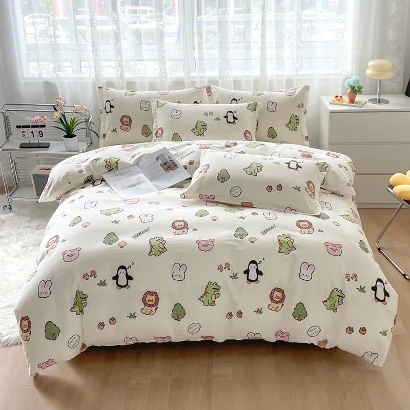 Comforter Cute Cartoon Panda Twin Queen 100% Cotton Kawaii Star Comforter 3 Pcs Soft Reversible Green Plaid Bedding Set