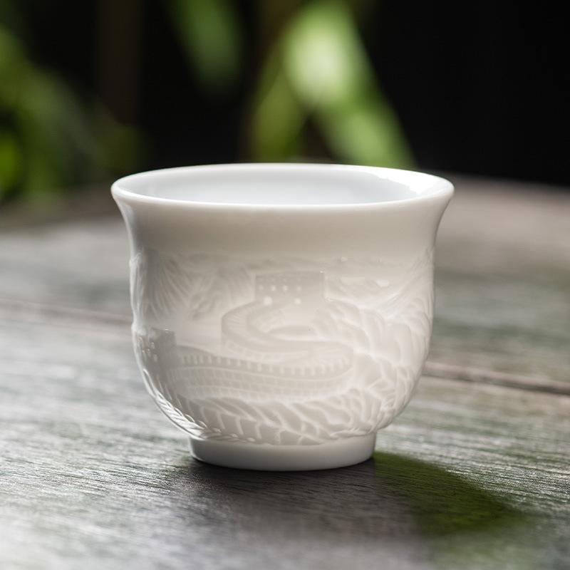 Handmade Suet Jade Relief Kung Fu Master Teacup Ceramic Tea Cup Kung Fu Teacup 200-400ml
