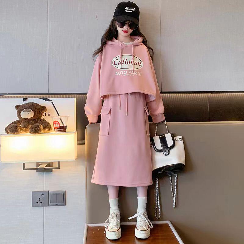 2024 Mädchen Koreanischer Stil Kapuzen-Buchstaben-Top & Rock Zweiteiler Frühling/Herbst Modekleid
