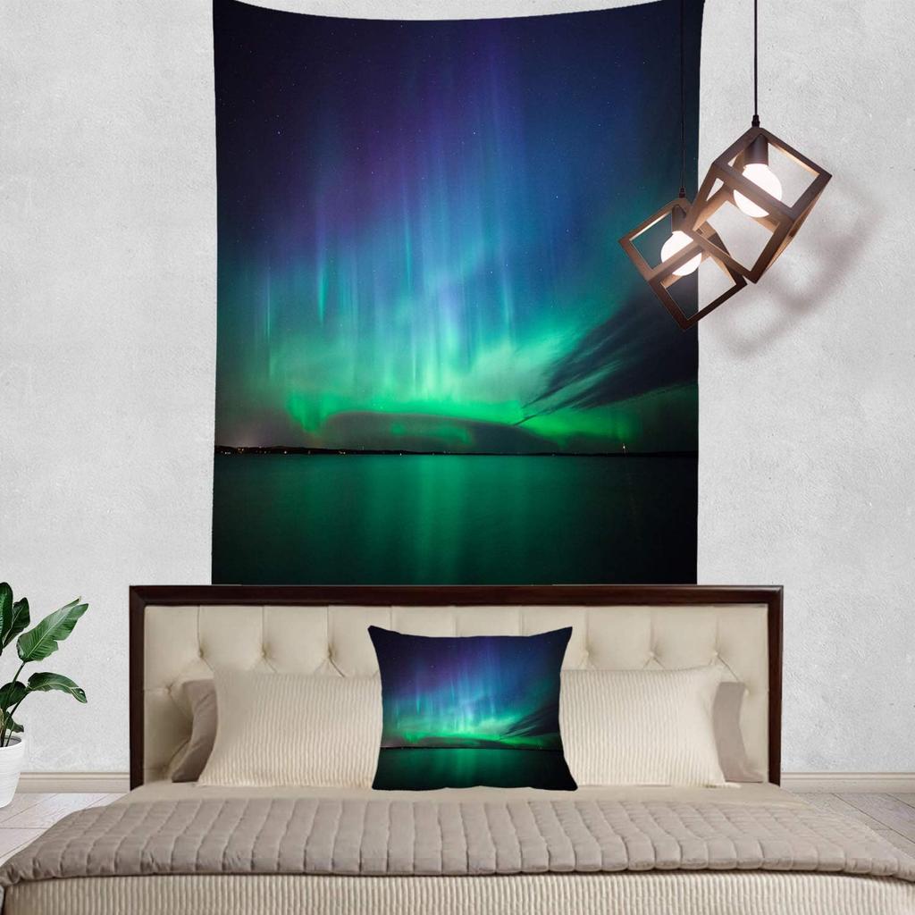 Northern Lights Wall Tapestry,View Over A Lake Green Storm Cloud Sky Wall Hanging Large Tapestry Decoration Polyester Fiber