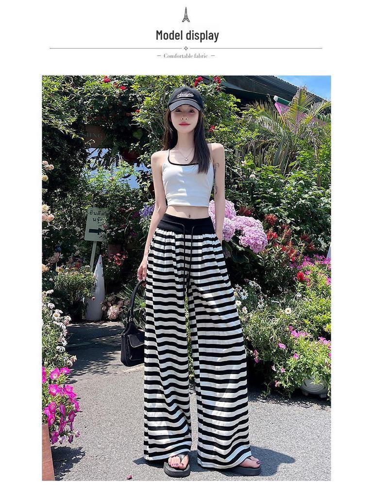2026 Summer Women's Striped Floor-Length High Waist Loose Wide-Leg Pants