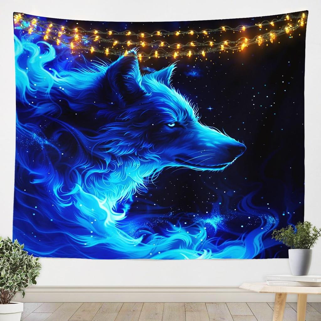 Blue Pink Wolf Tapestries Universe Galaxy Tapestry Cartoon Animal Wall Hanging Art Bedroom Aesthetic Funny Tapestries For Men