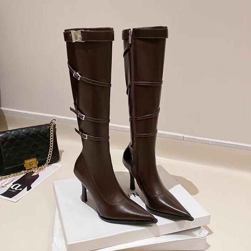 

Brown retro long boots 2025 new pointed high heel side zipper fashion boots female sexy babes long boots 39